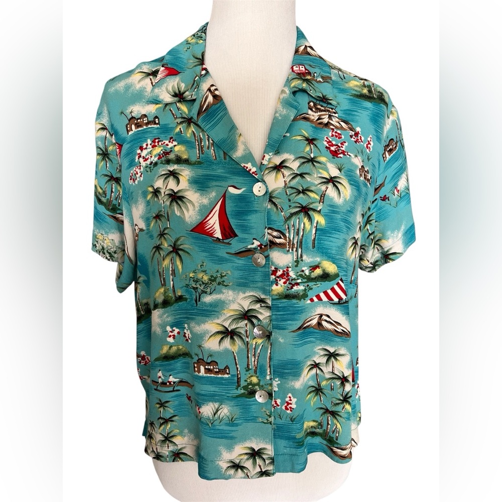 Vintage Carole Anderson Collection Tropical Print Short Sleeve Blouse Blue M